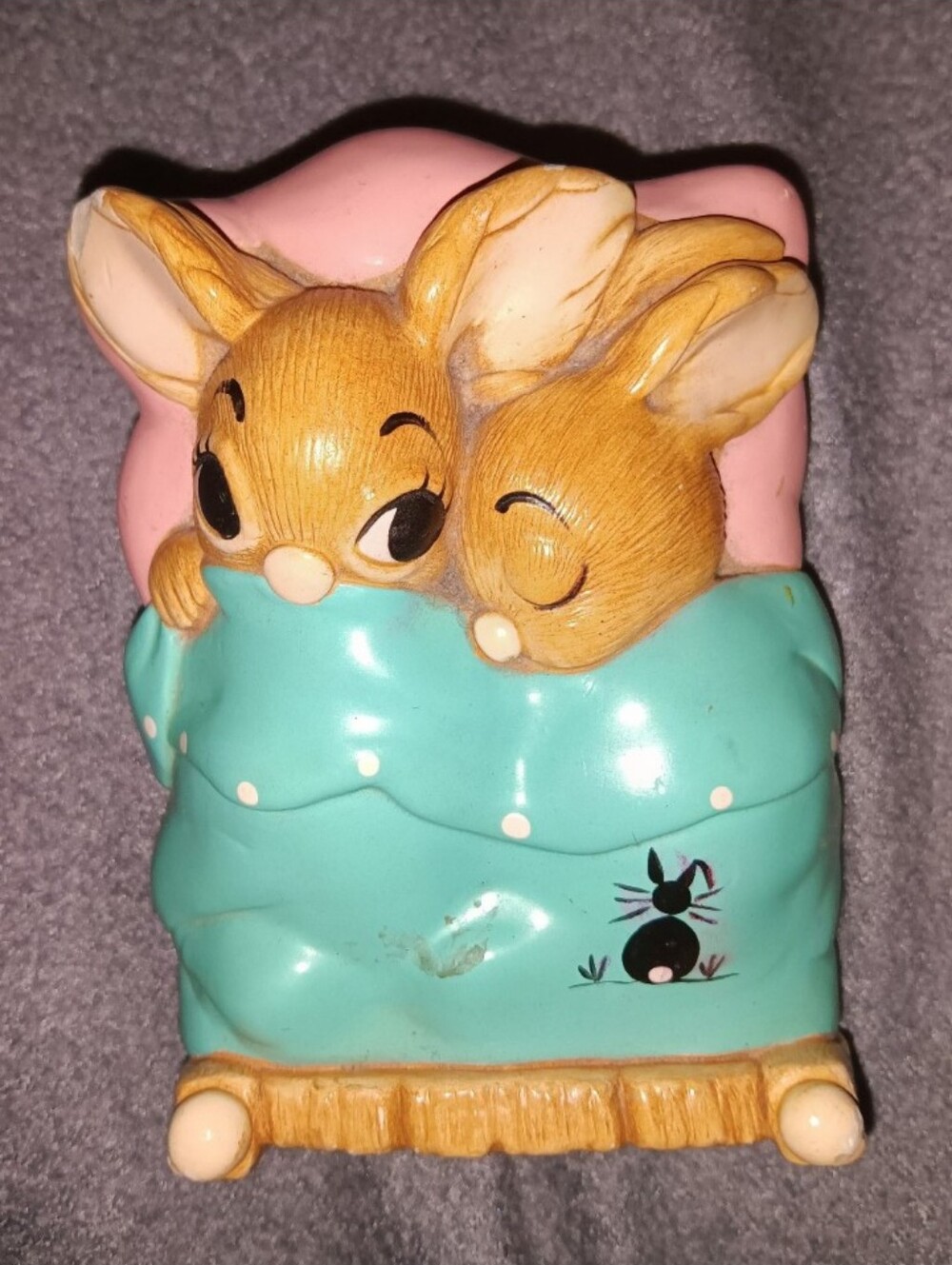 VTG Twins PenDelfin Bunny's In A Bed Figurine 70's